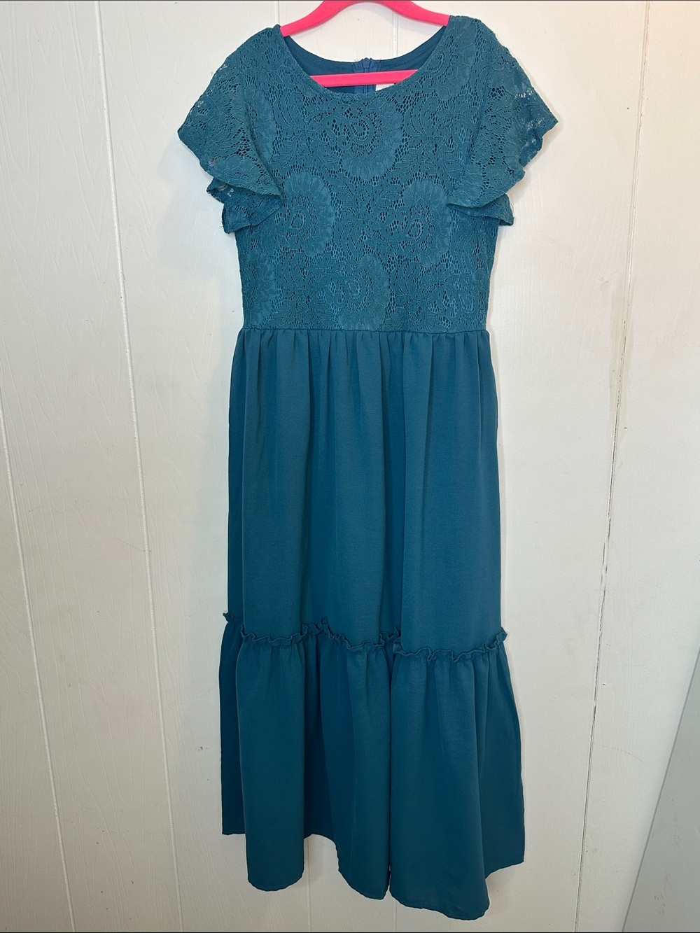 Girls Teal Lace-Top Tiered Formal Dress - Picture 4 of 7